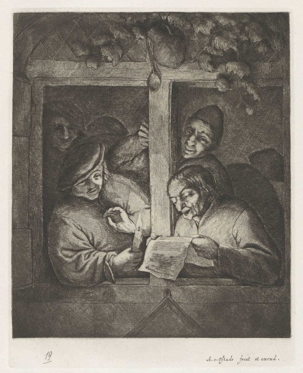Tre uomini cantano da un foglio di carta alla luce di una candela alla finestra aperta da Adriaen van Ostade