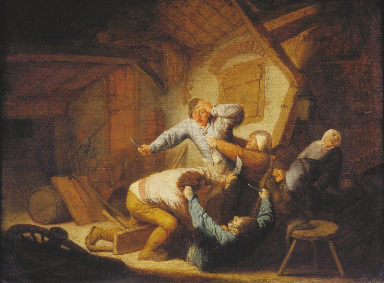 Olandese: Contadini in lotta in una locanda da Adriaen van Ostade