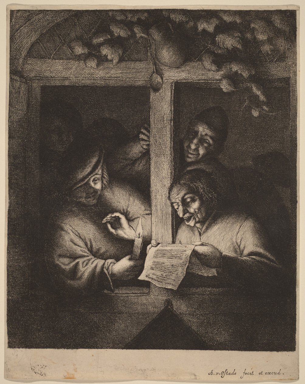 Quattro uomini alla finestra, uno dei quali legge da un foglio alla luce di una candela da Adriaen van Ostade
