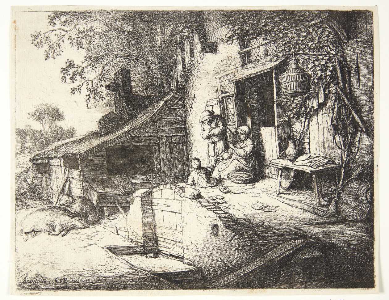 Donna che fila davanti a una casa di campagna da Adriaen van Ostade