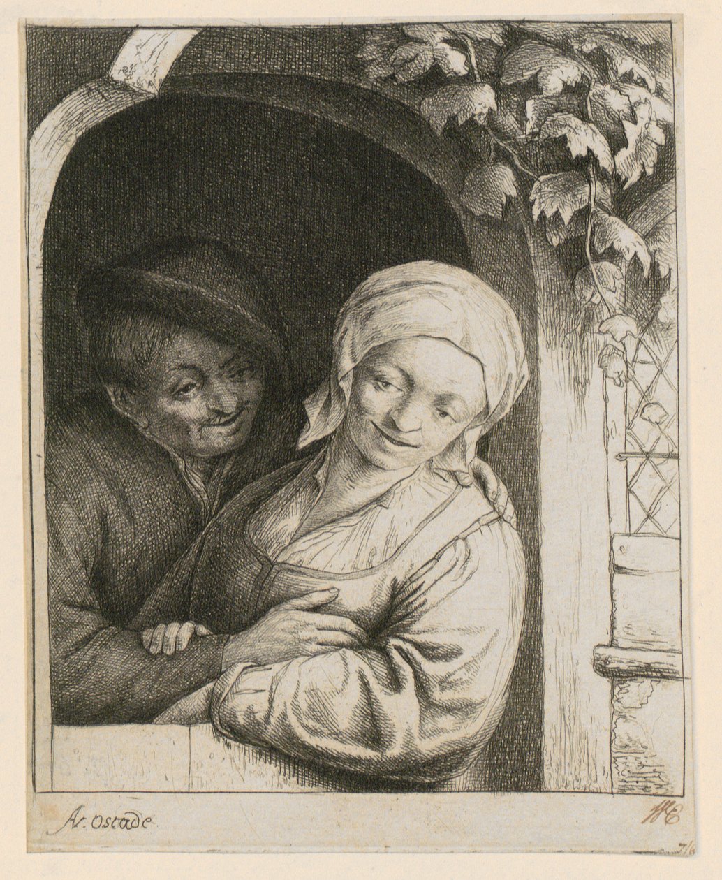 Tenerezza rurale - Coppia di contadini sulla soglia da Adriaen van Ostade