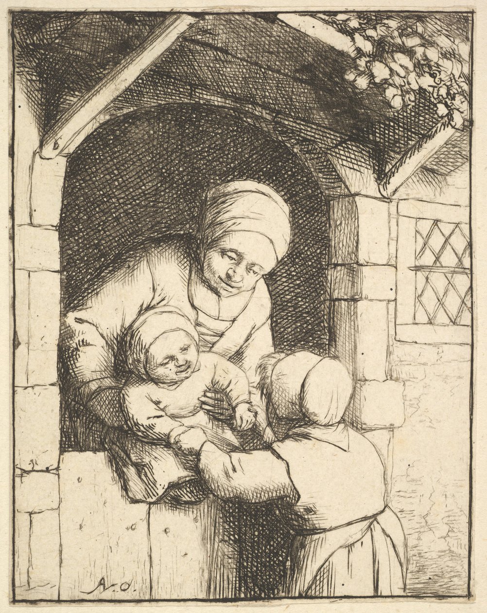 Bambina che gioca con un bambino tra le braccia della madre da Adriaen van Ostade