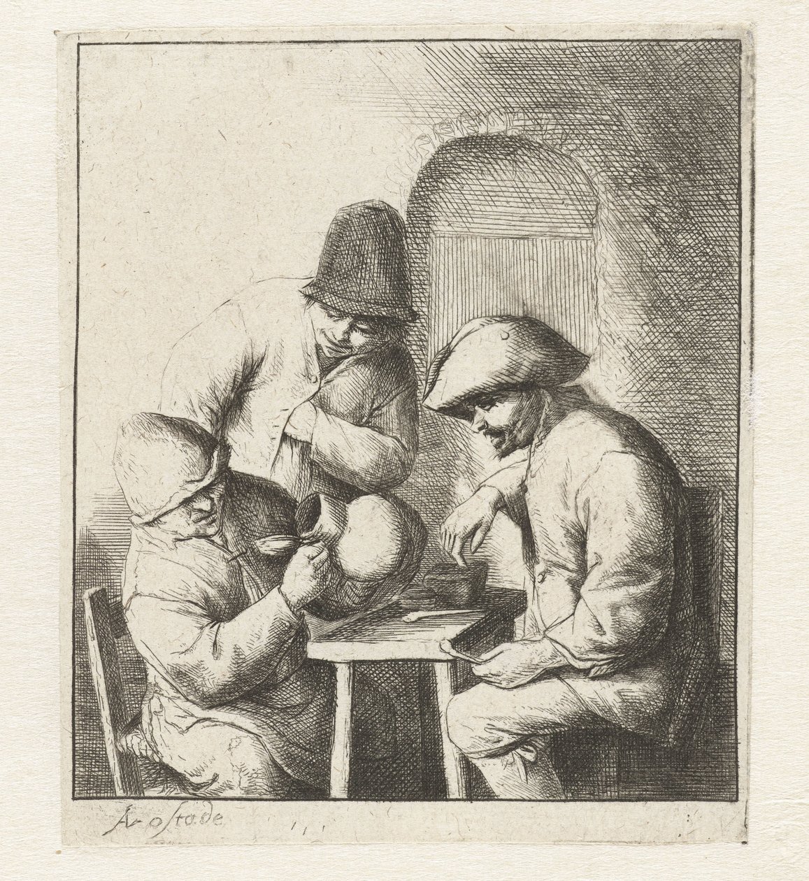 Uomo guarda in una brocca vuota, due uomini osservano da Adriaen van Ostade