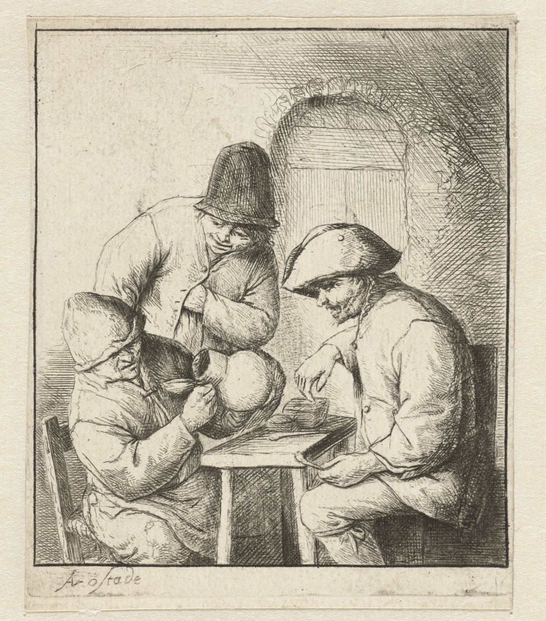 Uomo guarda in una brocca vuota, due uomini osservano da Adriaen van Ostade