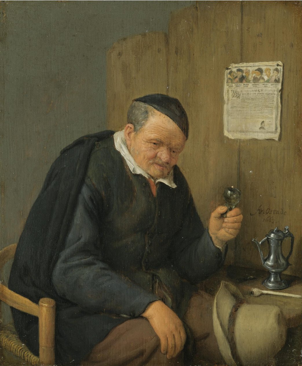 Un uomo anziano con un bicchiere di vino in mano da Adriaen van Ostade