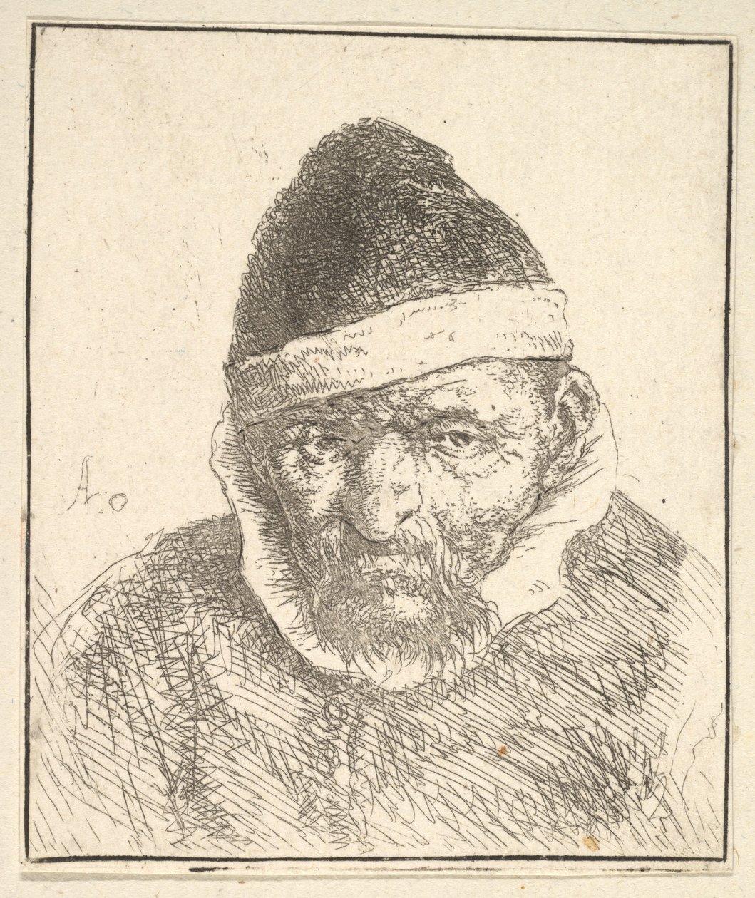 Vecchio con colletto bianco e cappello a punta da Adriaen van Ostade