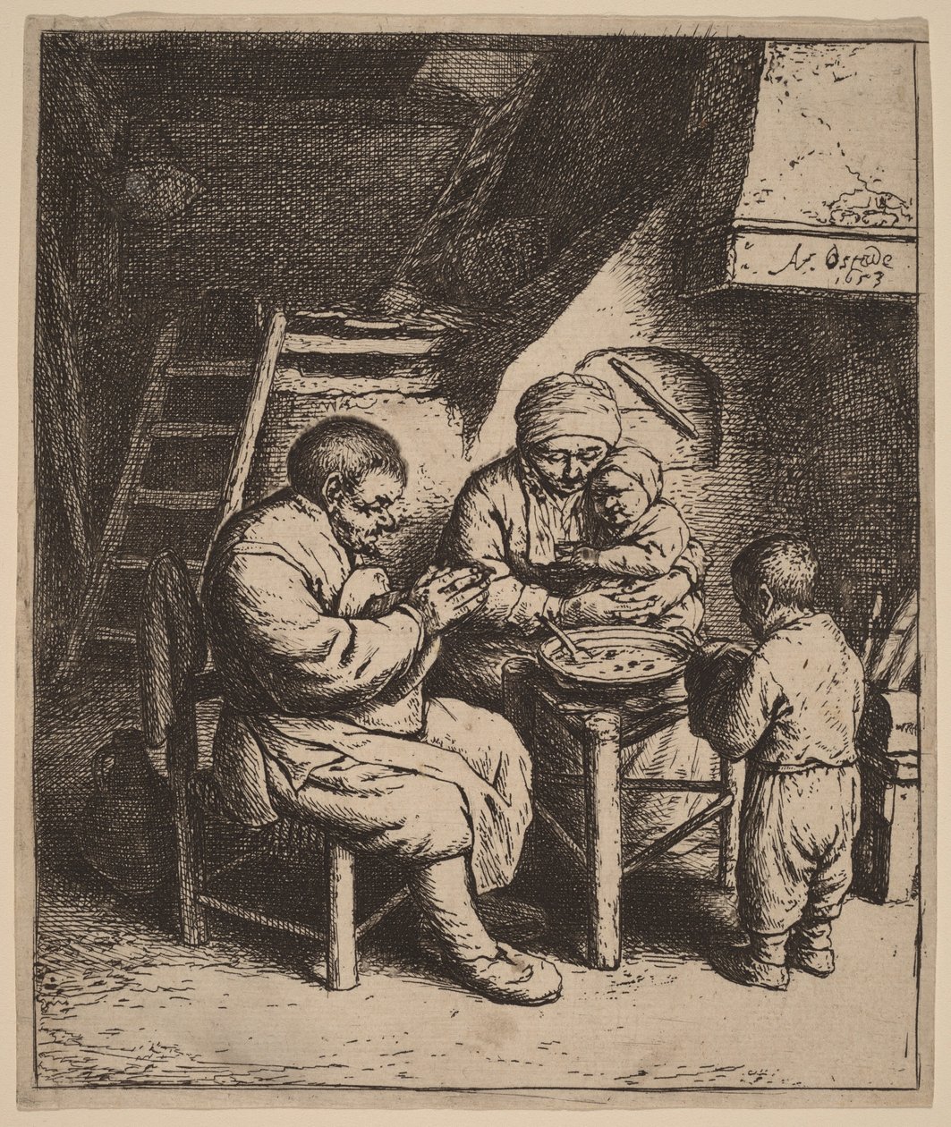 Famiglia contadina in preghiera prima del pasto da Adriaen van Ostade