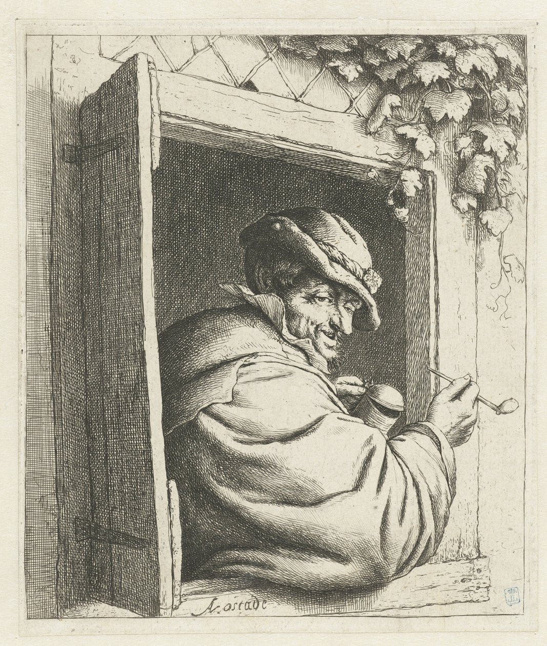 Contadino che fuma in una finestra da Adriaen van Ostade