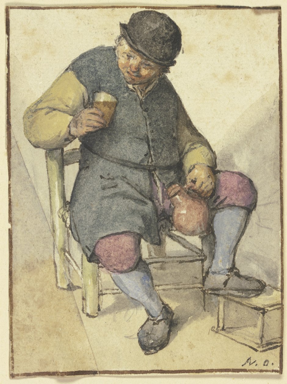 Contadino seduto, visto di fronte, con brocca e bicchiere da Adriaen van Ostade