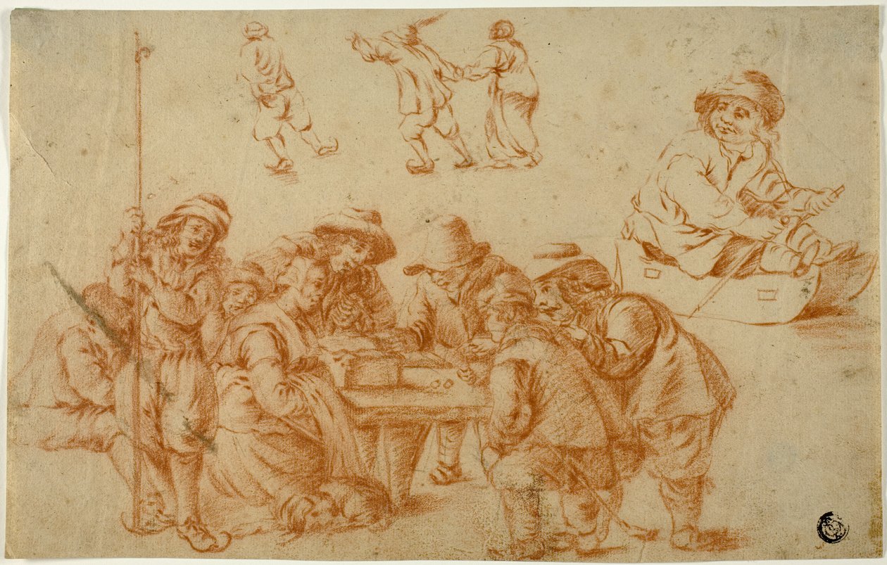 Schizzi di contadini che giocano a dadi e pattinano; Schizzo di ragazzo su slitta da Adriaen van Ostade