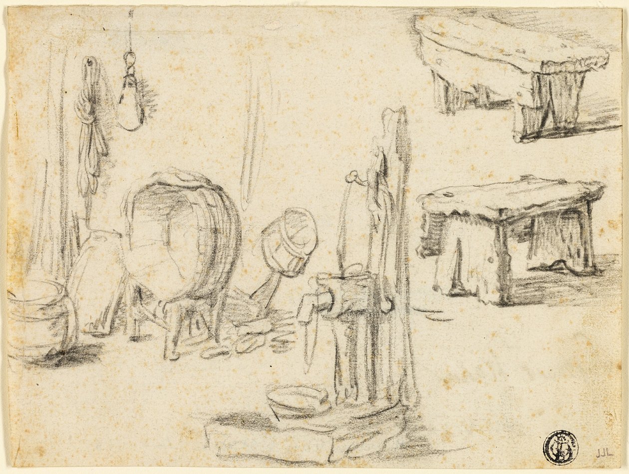 Schizzi di pompa, lavatoio e panchine da Adriaen van Ostade