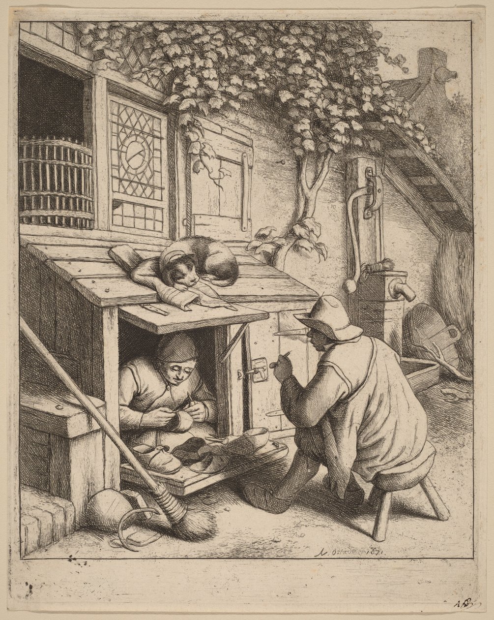 Un fumatore seduto su uno sgabello che conversa con un calzolaio al lavoro da Adriaen van Ostade