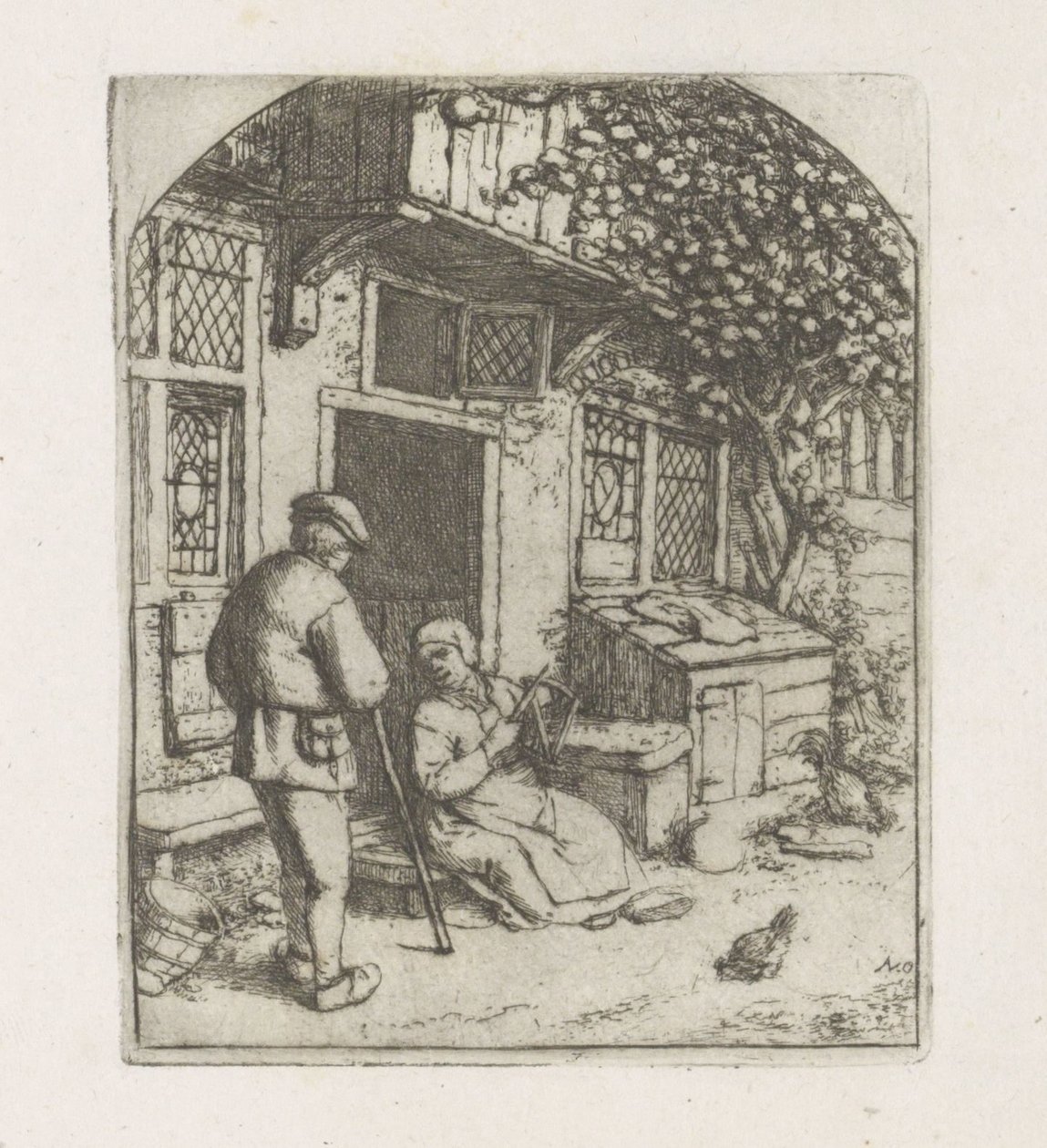 Filatrice sulla soglia di una casa da Adriaen van Ostade