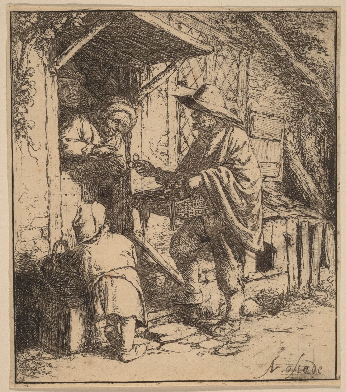 Venditore ambulante che vende occhiali davanti alla porta da Adriaen van Ostade
