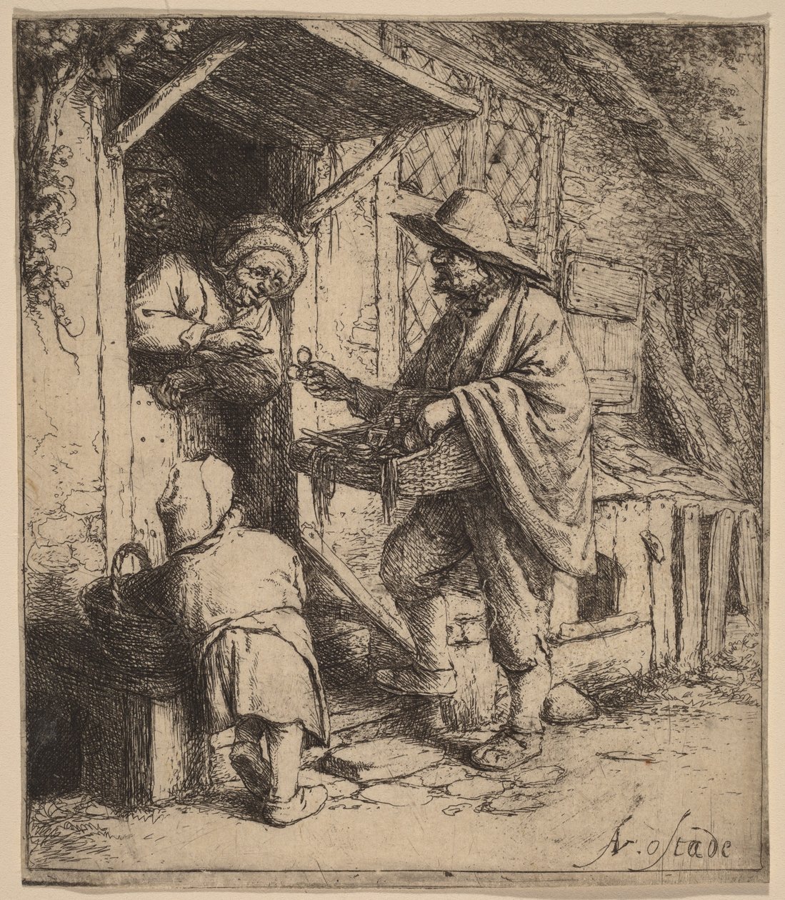 Venditore ambulante che vende occhiali alla porta da Adriaen van Ostade