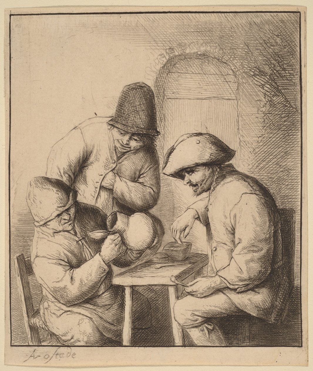 Tre contadini in una locanda, uno dei quali sta guardando dentro una brocca da Adriaen van Ostade