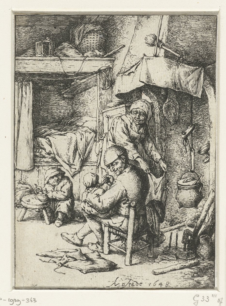 Padre con bambino in grembo in un interno da Adriaen van Ostade