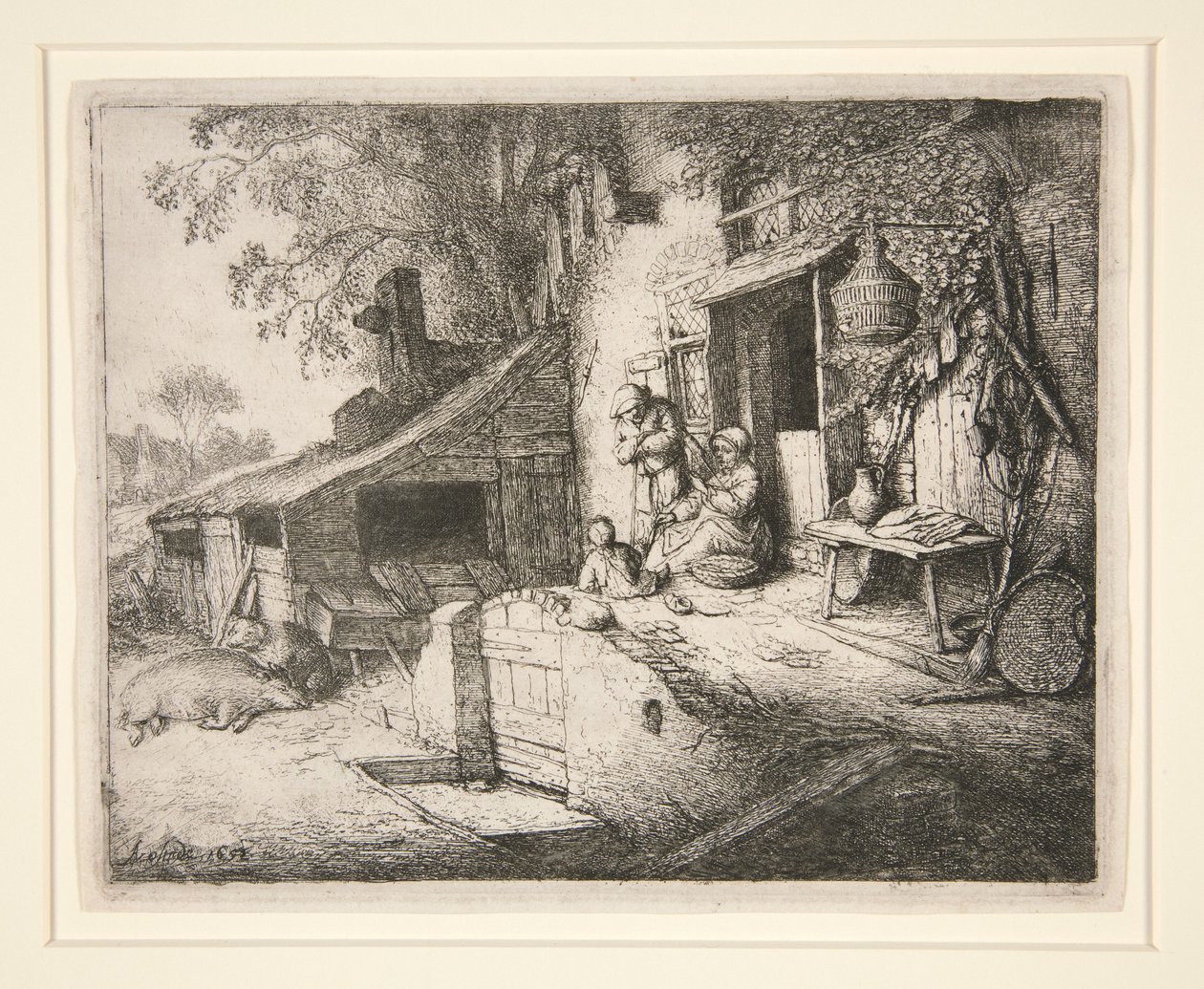Donna che gira su se stessa davanti alla porta di un cottage da Adriaen van Ostade