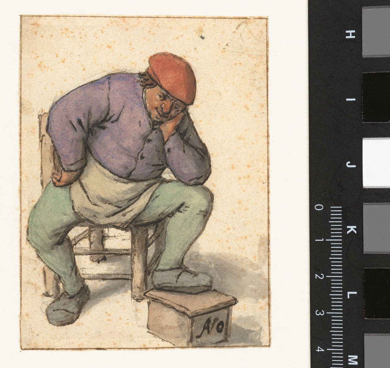 Uomo seduto che appoggia il piede sinistro su uno scaldapiedi da Adriaen van Ostade