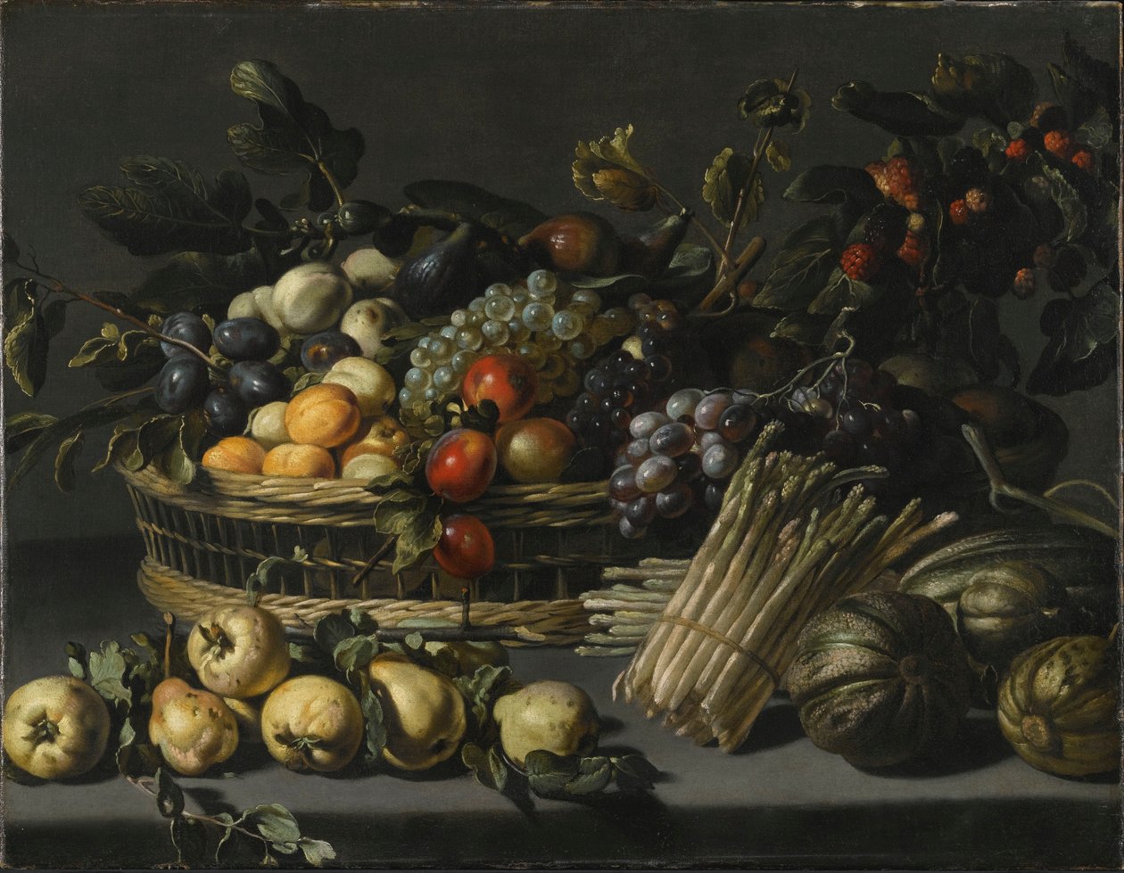 Natura morta con frutta impilata in un cesto, circondata da mele cotogne, meloni e asparagi su un ripiano da Adriaen van Utrecht