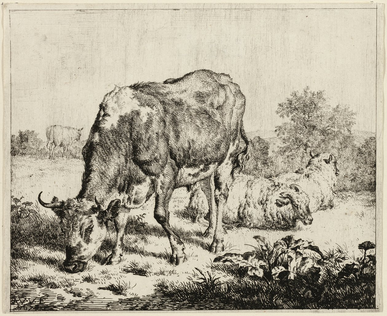 Una mucca e tre pecore da Adriaen van de Velde