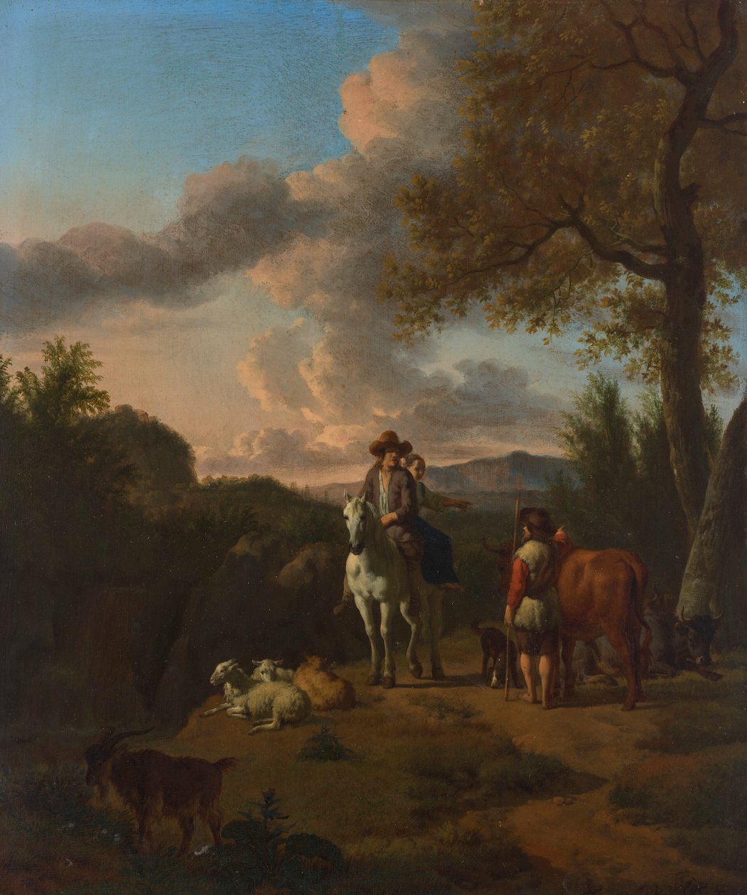 Paesaggio italiano con un uomo e una donna su un cavallo bianco che chiedono indicazioni a un pastore da Adriaen van de Velde