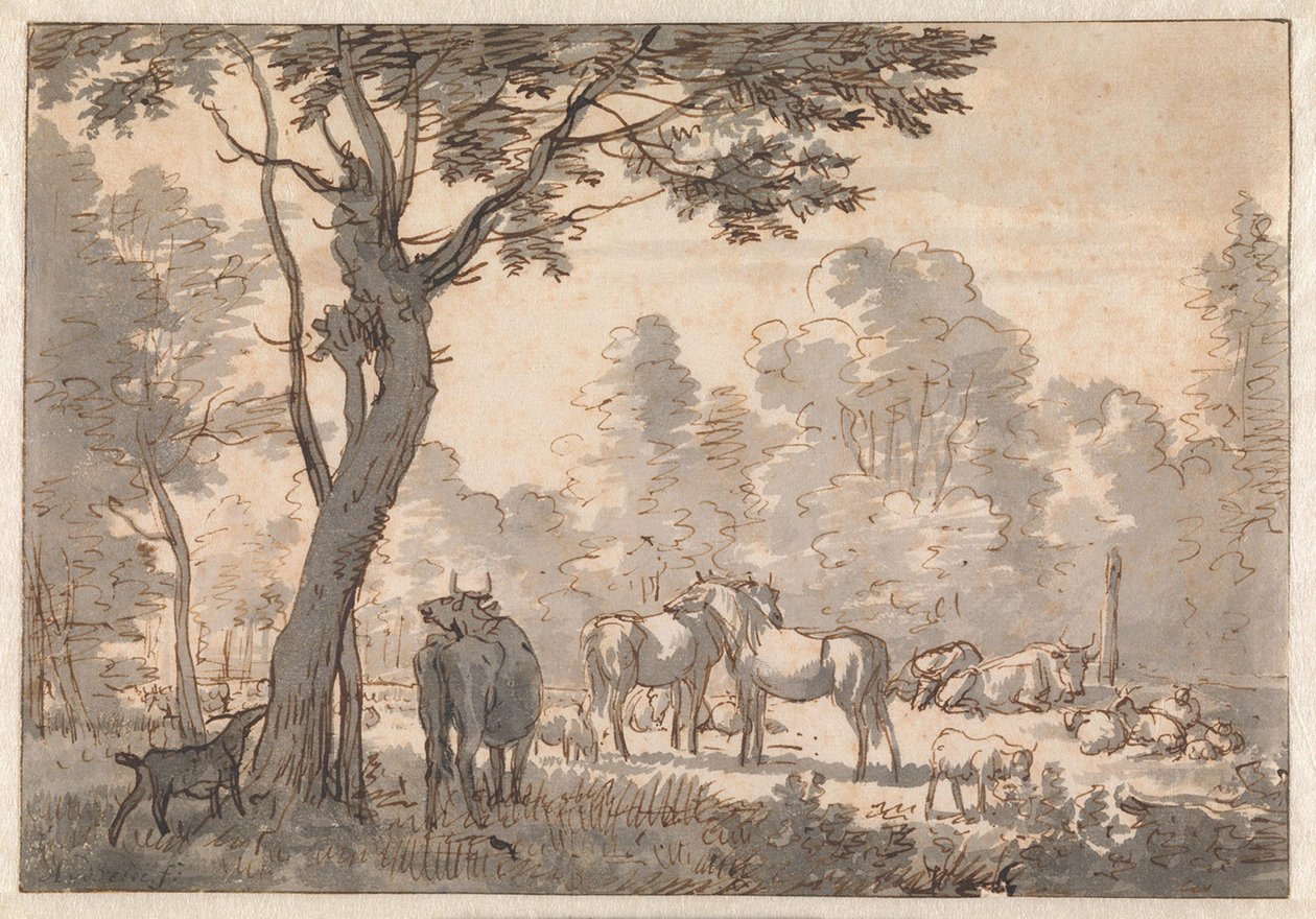 Paesaggio boscoso con cavalli, mucche e capre da Adriaen van de Velde