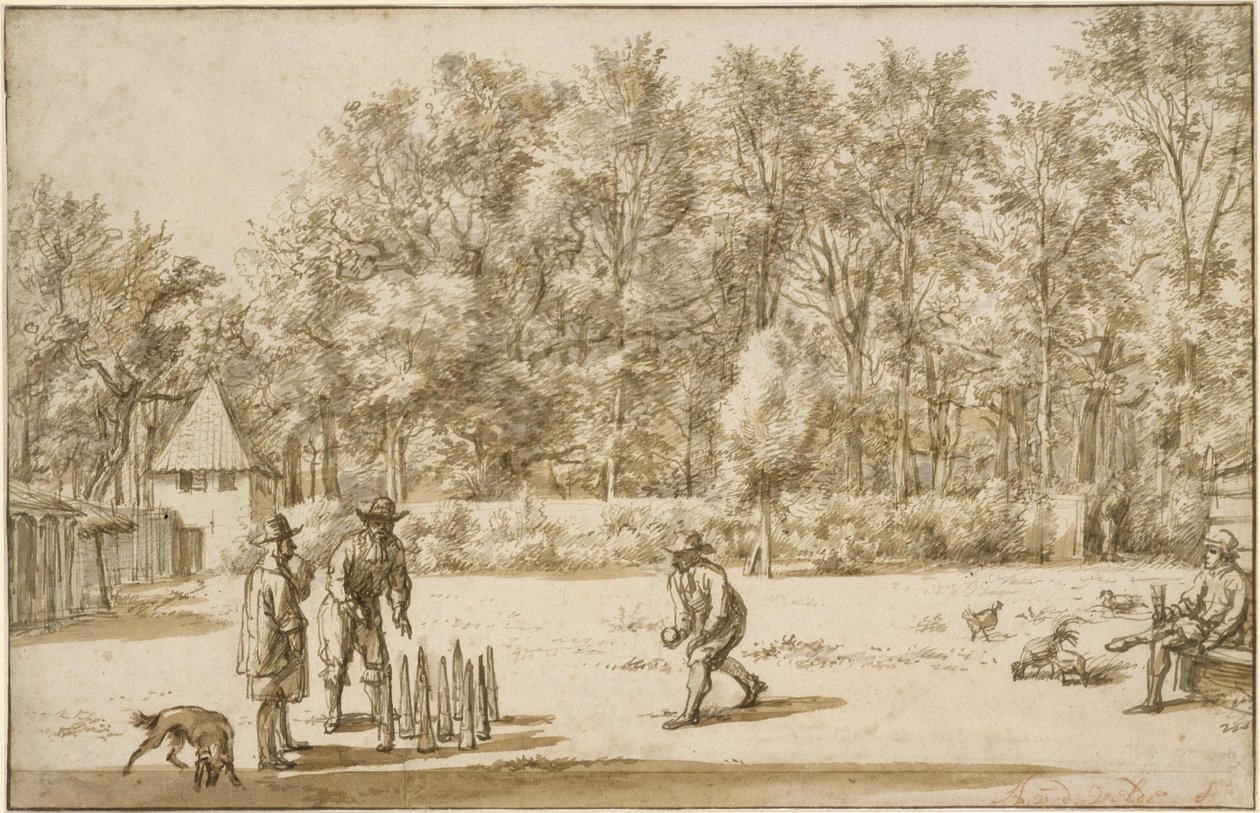 Tre uomini che giocano ai birilli da Adriaen van de Velde