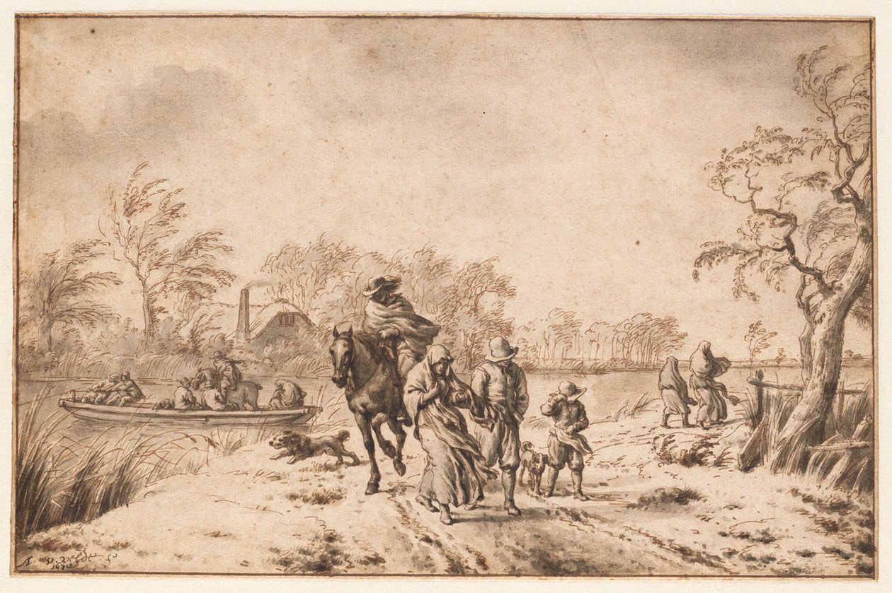 Paesaggio autunnale con viaggiatori e traghetto da Adriaen van de Velde