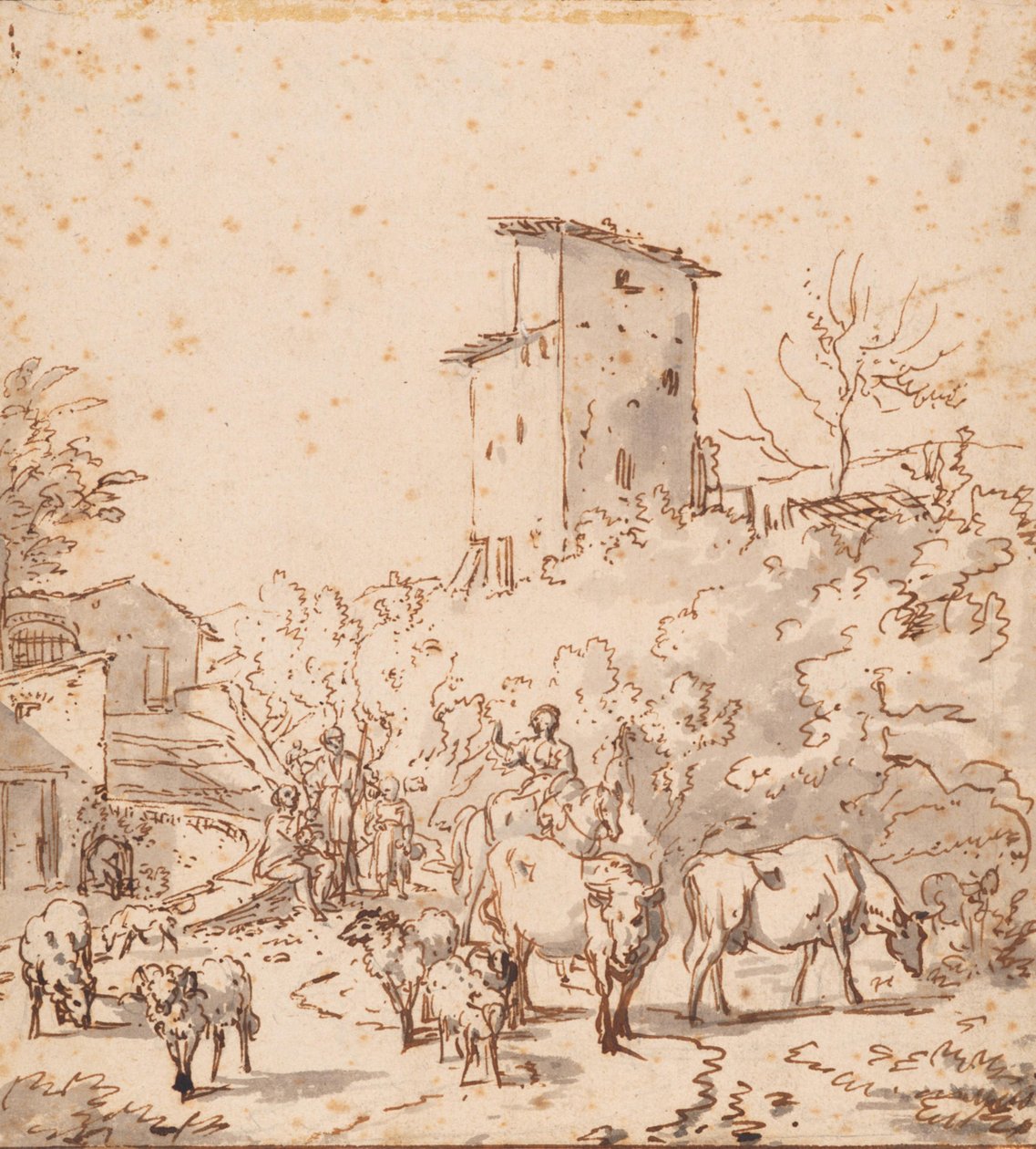 Paesaggio italiano con persone e bestiame da Adriaen van de Velde