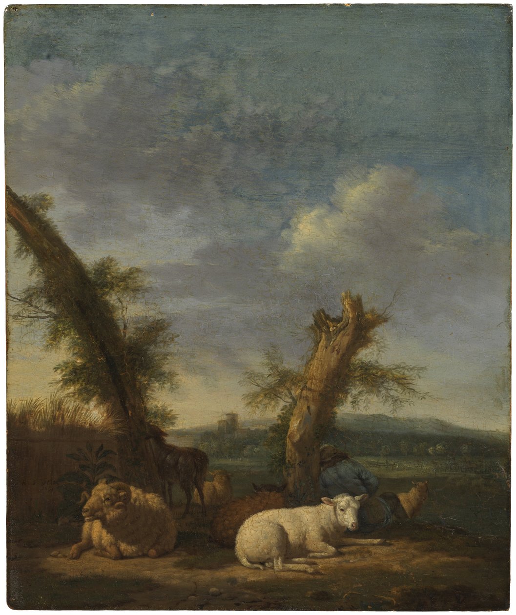 Paesaggio con pecore e un pastore dormiente da Adriaen van de Velde