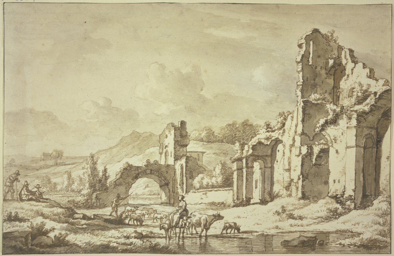 Paesaggio con rovine romane; in primo piano, una pastora a cavallo attraversa l’acqua con il gregge; a sinistra, due pittori da Adriaen van de Velde