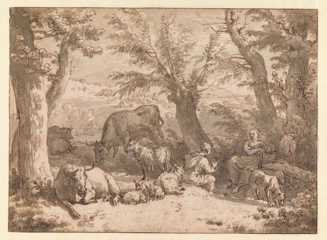 Paesaggio con pastore, pastorella e bestiame da Adriaen van de Velde