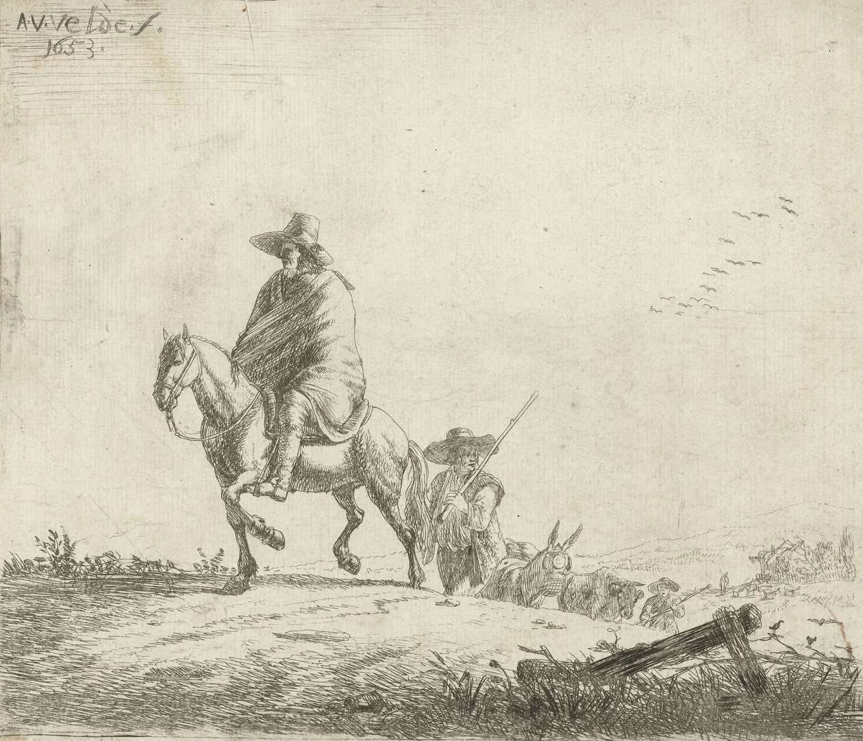 Cavaliere e mandriano con bestiame su una strada sterrata da Adriaen van de Velde