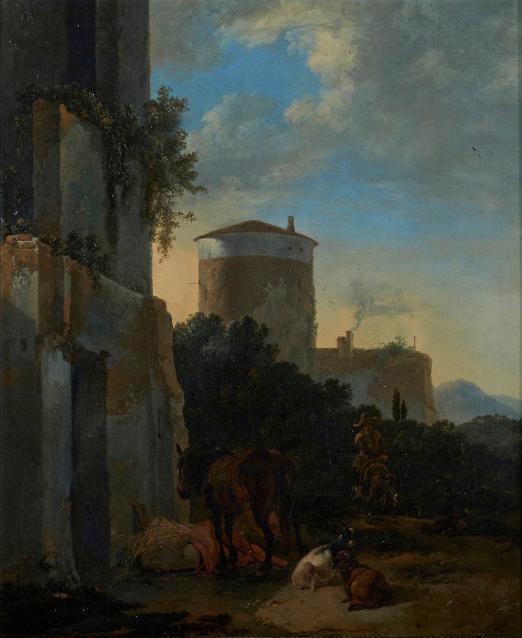 Una strada di un villaggio italiano con un cavallo, delle capre e un uomo su un asino da Adriaen van der Cabel
