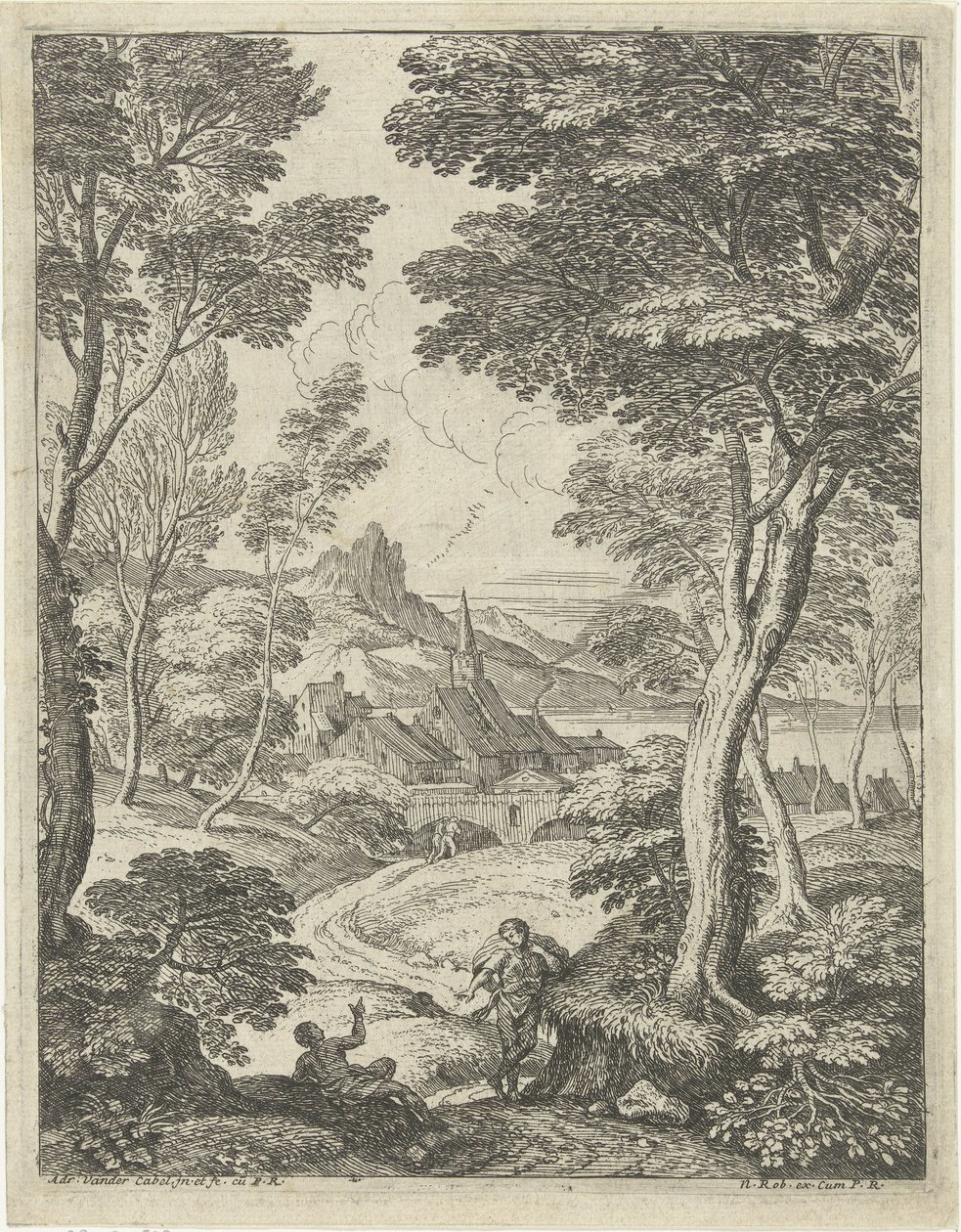 Paesaggio con torre appuntita da Adriaen van der Kabel