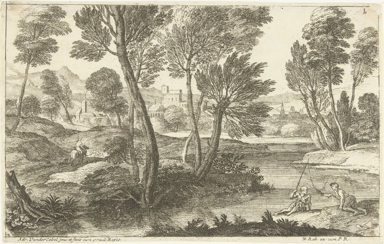 Paesaggio con due pescatori da Adriaen van der Kabel