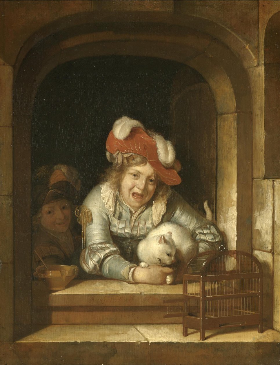 Due bambini che giocano con un gatto con un uccello tra le fauci da Adriaen van der Werff