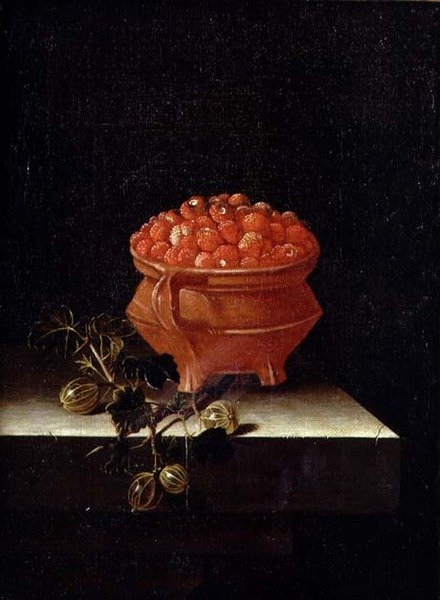 Fragole e uva spina su un ripiano di pietra da Adrian Coorte