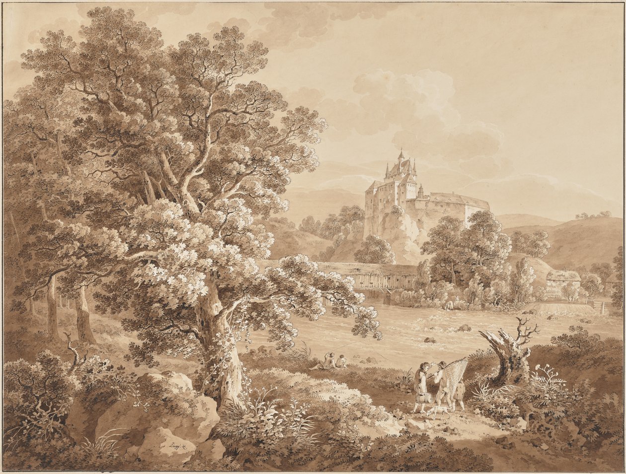 Pescatori sul fiume Zschopau presso il castello di Kriebstein, Sassonia da Adrian Zingg
