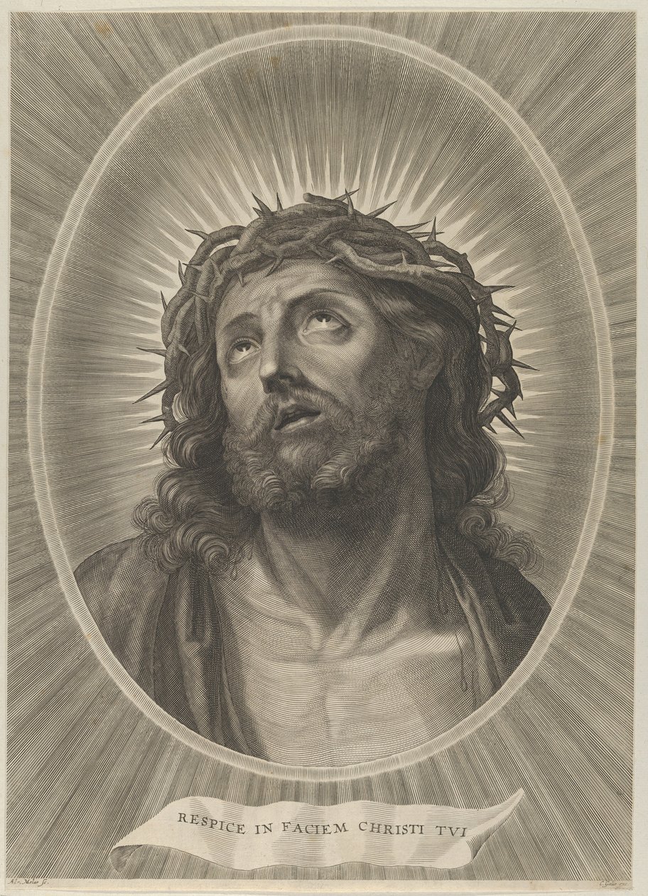 Testa di Cristo che guarda in alto con corona di spine, in una cornice ovale, dopo Reni, ca. 1653-67 da Adrian van Melar