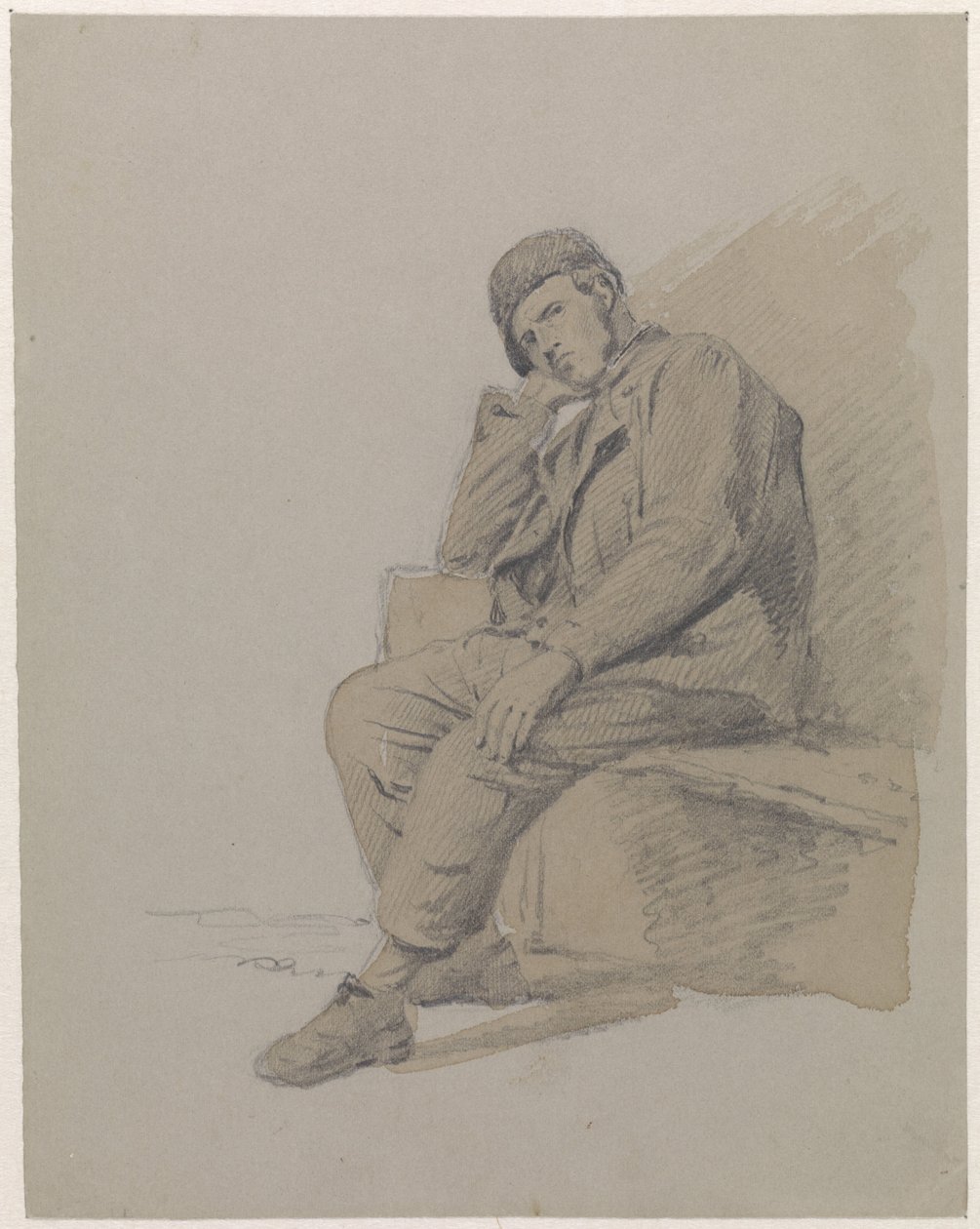 Studio di figura di un uomo seduto con un berretto da Adrianus Eversen