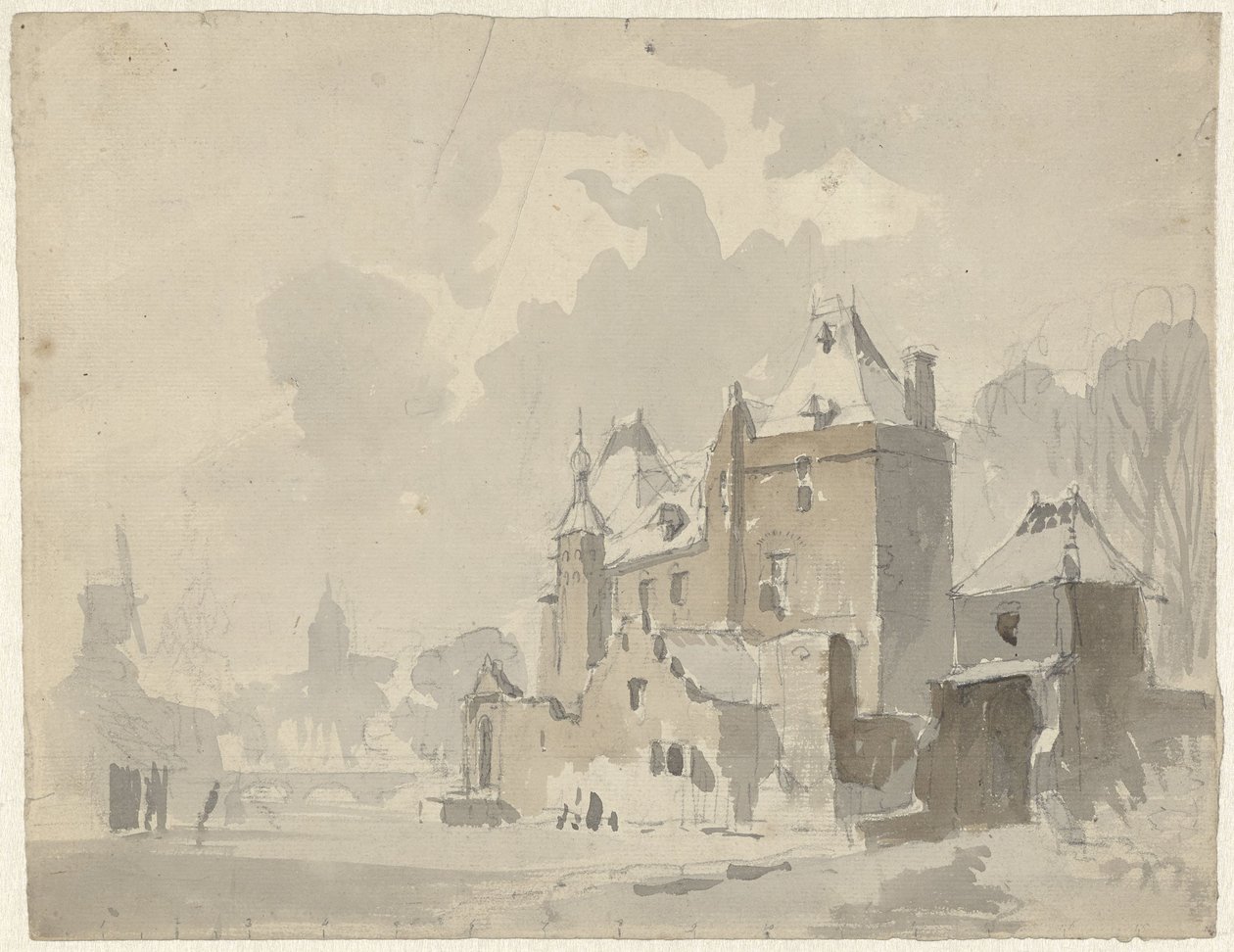 Veduta di un castello immaginario vicino a una città da Adrianus Eversen