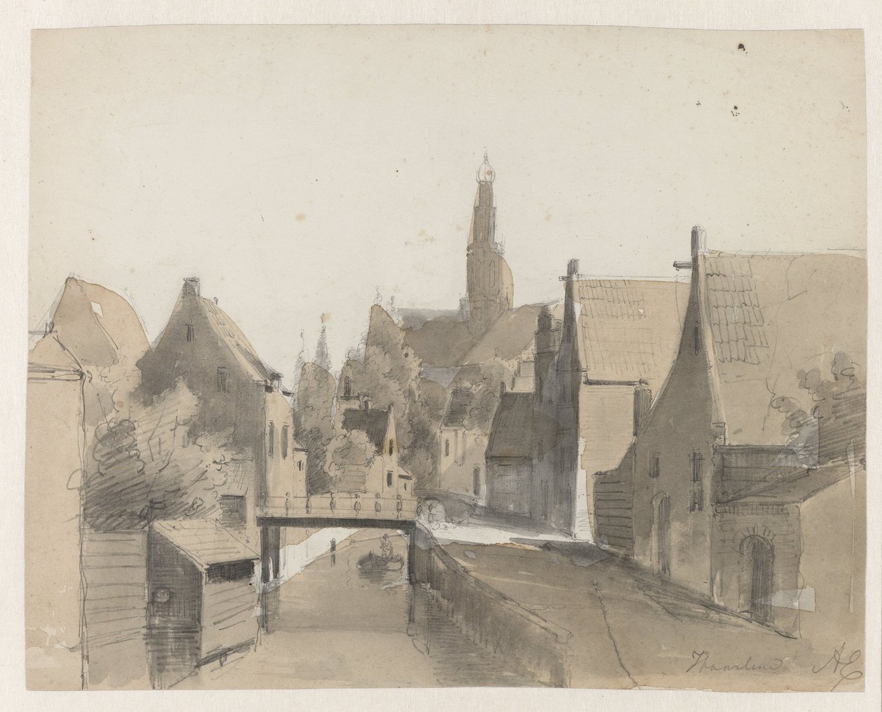 Veduta di un canale a Haarlem, sullo sfondo la St. Bavo da Adrianus Eversen