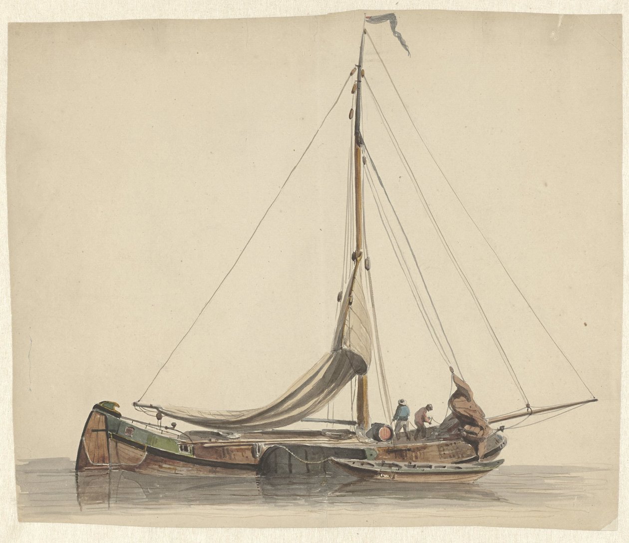 Due uomini che lavorano su una barca piatta con vele abbassate da Adrianus Eversen
