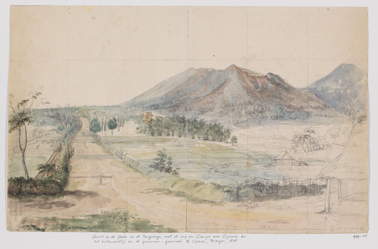 Veduta dei vulcani Gedé e Pangrango, strada Cianjur-Cipanas e residenza del governatore generale a Cipanas, Priangan, Giava Occidentale da Adrianus Johannes Bik