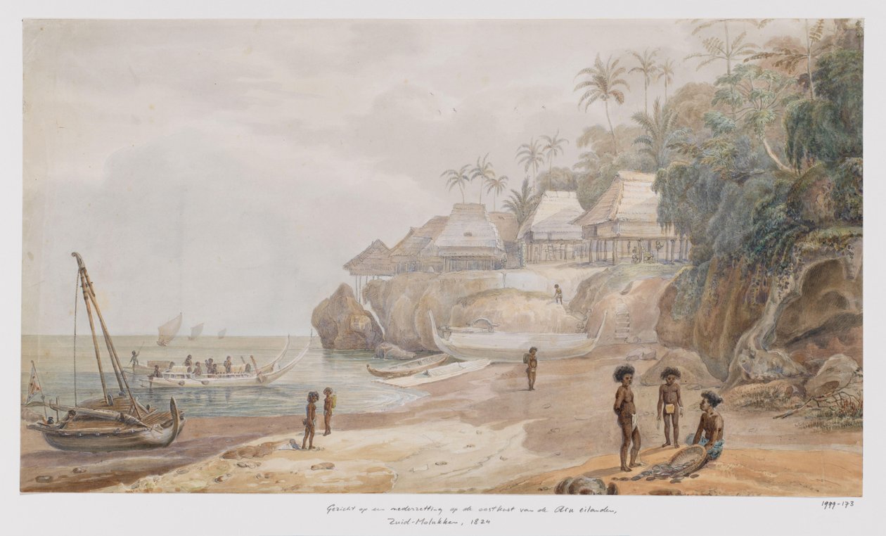 Veduta di un Insediamento sulla Costa Orientale di Workai, Isole Aru, Molucche Sudorientali da Adrianus Johannes Bik