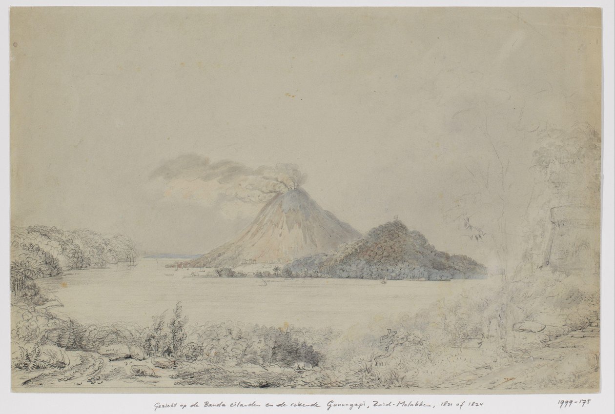 Vista da Lontar su Banda Neira e il vulcano fumante Gunungapi, isole Banda, Molucche centrali da Adrianus Johannes Bik