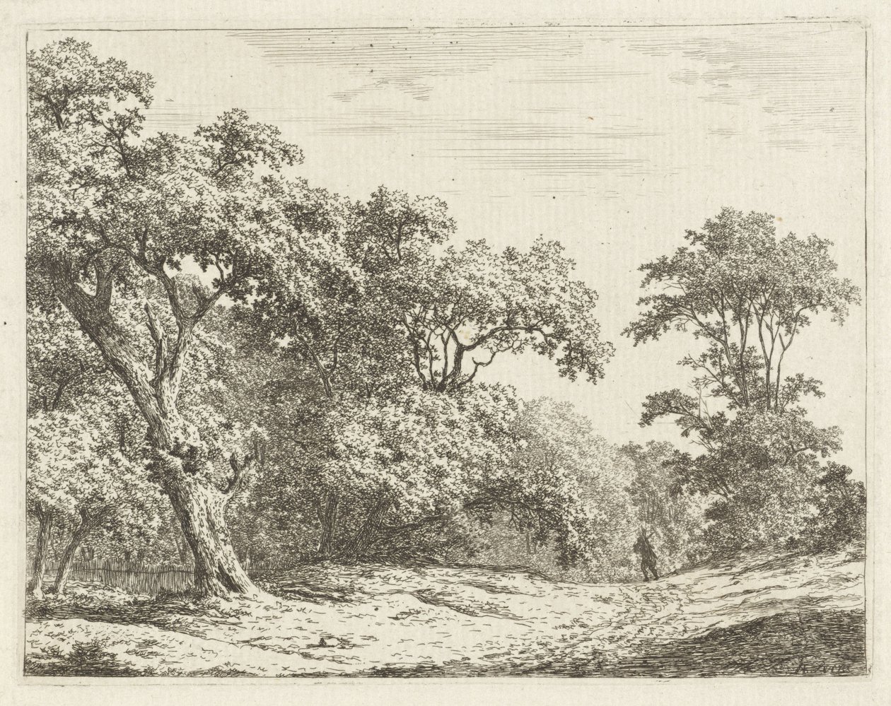 Paesaggio con alberi e un uomo sulla strada da Adrianus Serné