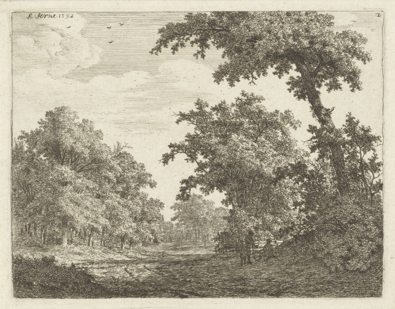 Viaggiatori riposanti lungo una strada nel bosco da Adrianus Serné